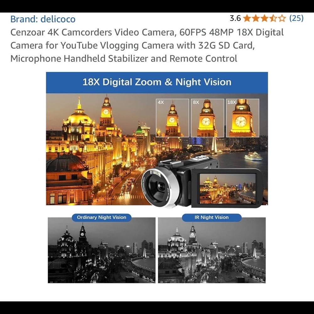 Cenzoar 4K Camcorders Video Camera, 60FPS 48MP 18X Digital Camera for YouTube Vl - Picture 2 of 11